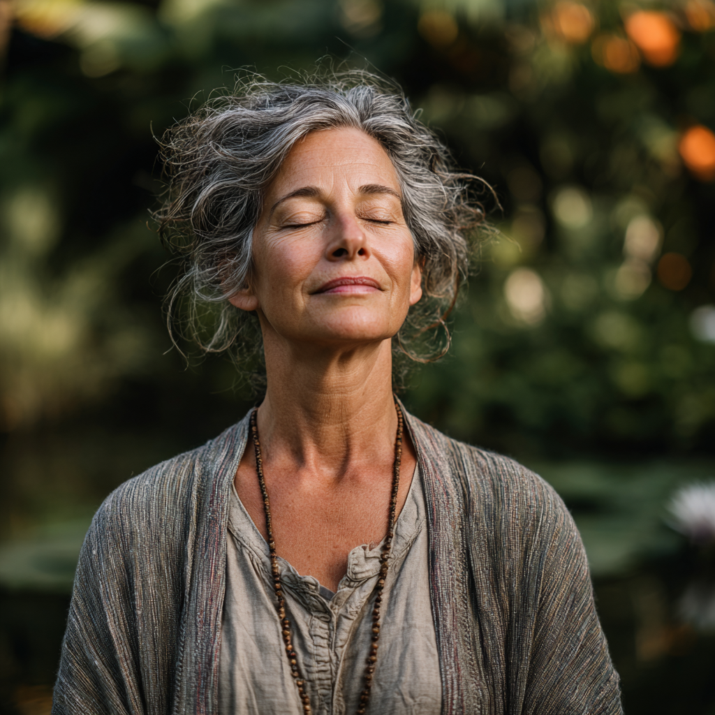 Middle-aged woman practicing meditation in peaceful environment
