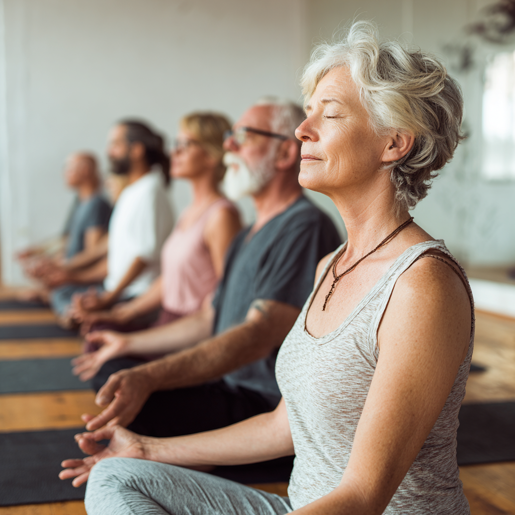 Senior adults practicing yoga in serene studio environment